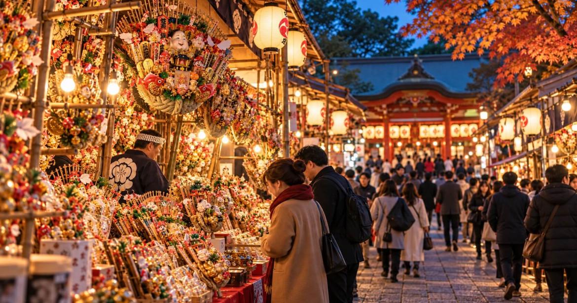 Bancarelle tradizionali illuminate con amuleti kumade e persone a passeggio durante il festival Tori no Ichi presso un santuario in Giappone.