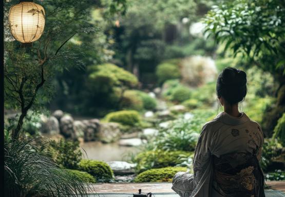 Woman in kimono enjoying tea by Japanese garden view