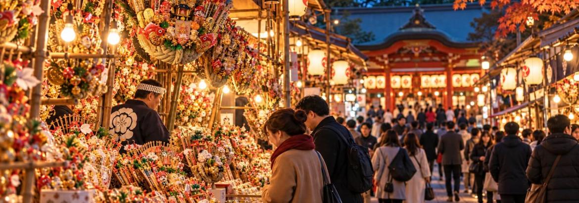 Bancarelle tradizionali illuminate con amuleti kumade e persone a passeggio durante il festival Tori no Ichi presso un santuario in Giappone.