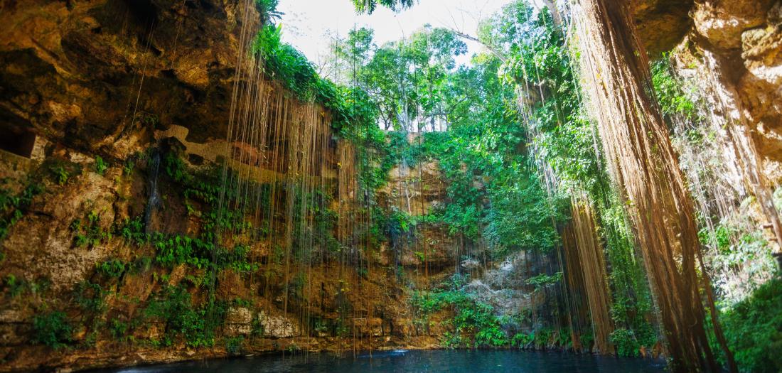 Cenote con cascate e vegetazione tropicale